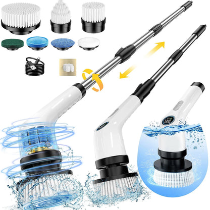 TECHVIDA Electric Spin Scrubber,Cordless Bathroom Cleaning Brush with 7 Replaceable Brush Heads,Tub and Tile Scrubber, Adjustable Extension Handle for Bathtub, Kitchen, Car.