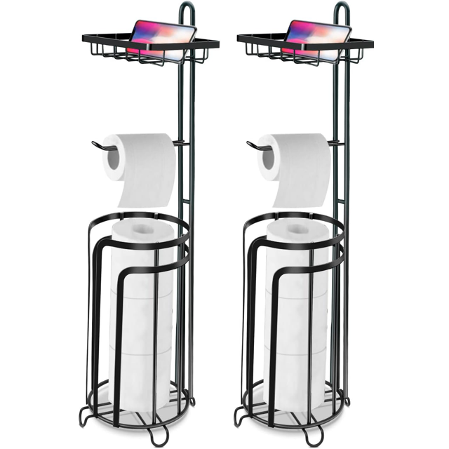 TECHVIDA Free Standing Toilet Paper Holder Stand, No Drilling Tissue Roll Holder, Toilet Paper Storage Roll Holder with Shelf for Bathroom, 2 Pack