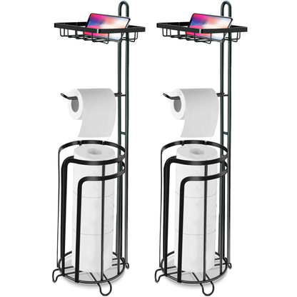 TECHVIDA Free Standing Toilet Paper Holder Stand, No Drilling Tissue Roll Holder, Toilet Paper Storage Roll Holder with Shelf for Bathroom, 2 Pack