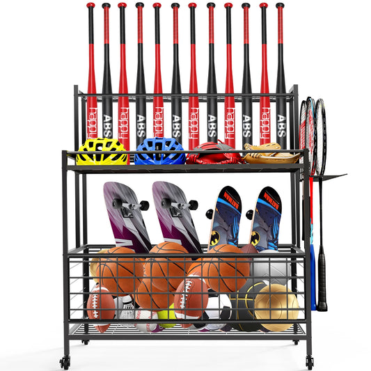 TECHVIDA Garage Sports Equipment Organizer, Ball Storage Garage Large Capacity, Sports Organizer for Garage with Hooks and Baskets, Ball Organizer for Garage for Football, Soccer Ball, Bat, Toys