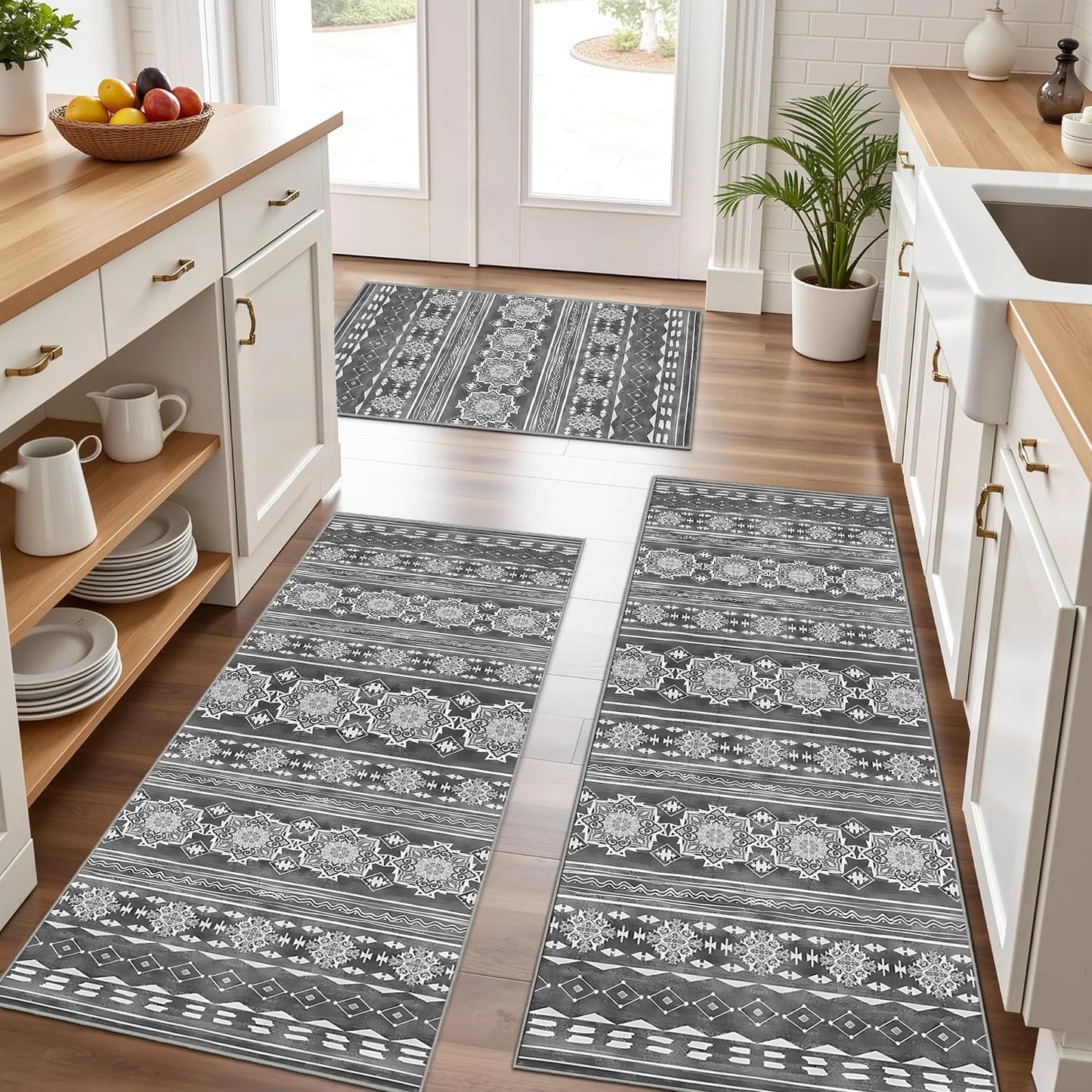 TECHVIDA Gray Kitchen Rug Set 3 Piece,Non Slip Machine Washable Kitchen Mats,Boho Farmhouse Hallway Doormat for Home Decor