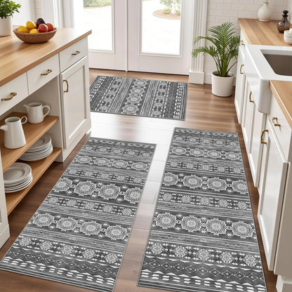 TECHVIDA Gray Kitchen Rug Set 3 Piece,Non Slip Machine Washable Kitchen Mats,Boho Farmhouse Hallway Doormat for Home Decor