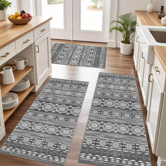 TECHVIDA Gray Kitchen Rug Set 3 Piece,Non Slip Machine Washable Kitchen Mats,Boho Farmhouse Hallway Doormat for Home Decor