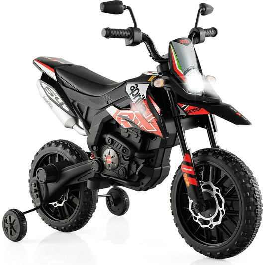 TECHVIDA Kids Motorcycle,12V Ride on Electric Dirt Bike with Training Wheels, Spring Suspension, Battery Powered Off Road Motorbike Toy with 2 Speeds, Bluetooth, Lights