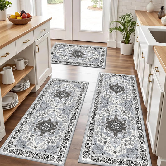 TECHVIDA Kitchen Rug Set 3 Piece,Non Slip Machine Washable Kitchen Mats,Boho Farmhouse Hallway Doormat for Home Deco