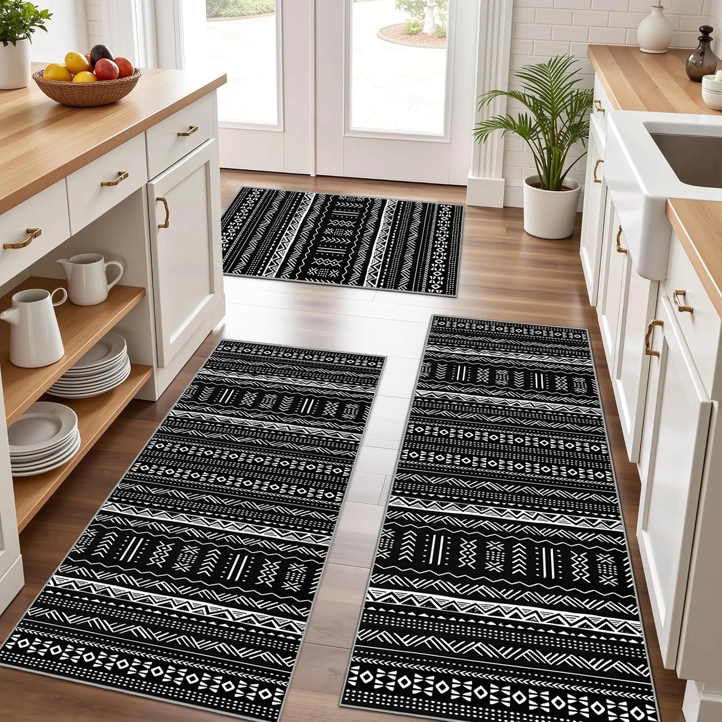 TECHVIDA Kitchen Rug Set 3 Piece,Non Slip Machine Washable Kitchen Mats,Boho Farmhouse Hallway Doormat for Home Decor
