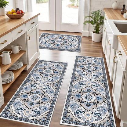 TECHVIDA Kitchen Rug Set 3 Piece,Non Slip Machine Washable Kitchen Mats,Boho Farmhouse Hallway Doormat for Home Decor