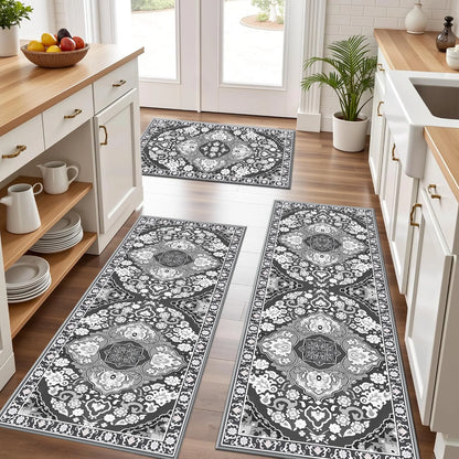 TECHVIDA Kitchen Rug Set 3 Piece,Non Slip Machine Washable Kitchen Mats,Boho Farmhouse Hallway Doormat for Home Decor