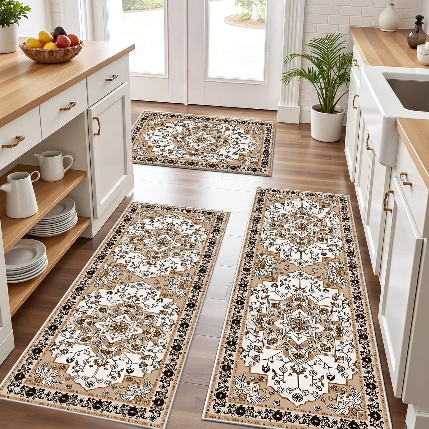 TECHVIDA Kitchen Rug Set 3 Piece,Non Slip Machine Washable Kitchen Mats,Boho Farmhouse Hallway Doormat for Home Decor
