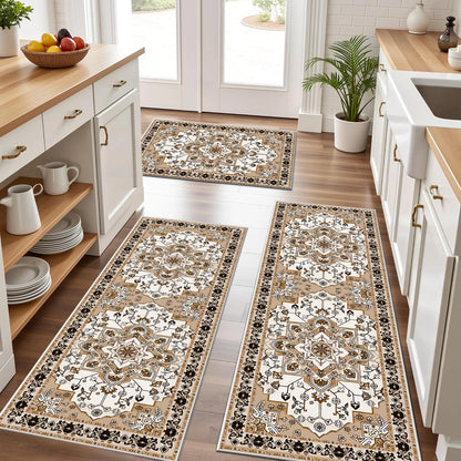 TECHVIDA Kitchen Rug Set 3 Piece,Non Slip Machine Washable Kitchen Mats,Boho Farmhouse Hallway Doormat for Home Decor
