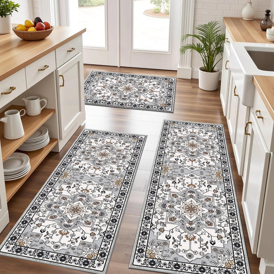 TECHVIDA Kitchen Rug Set 3 Piece,Non Slip Machine Washable Kitchen Mats,Boho Farmhouse Hallway Doormat for Home Decor