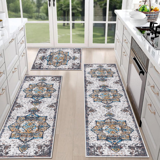 TECHVIDA Kitchen Rugs 3 Piece Set,Kitchen Mats for Floor Non-Slip Machine Washable, Boho Farmhouse Hallway Doormat for Holiday