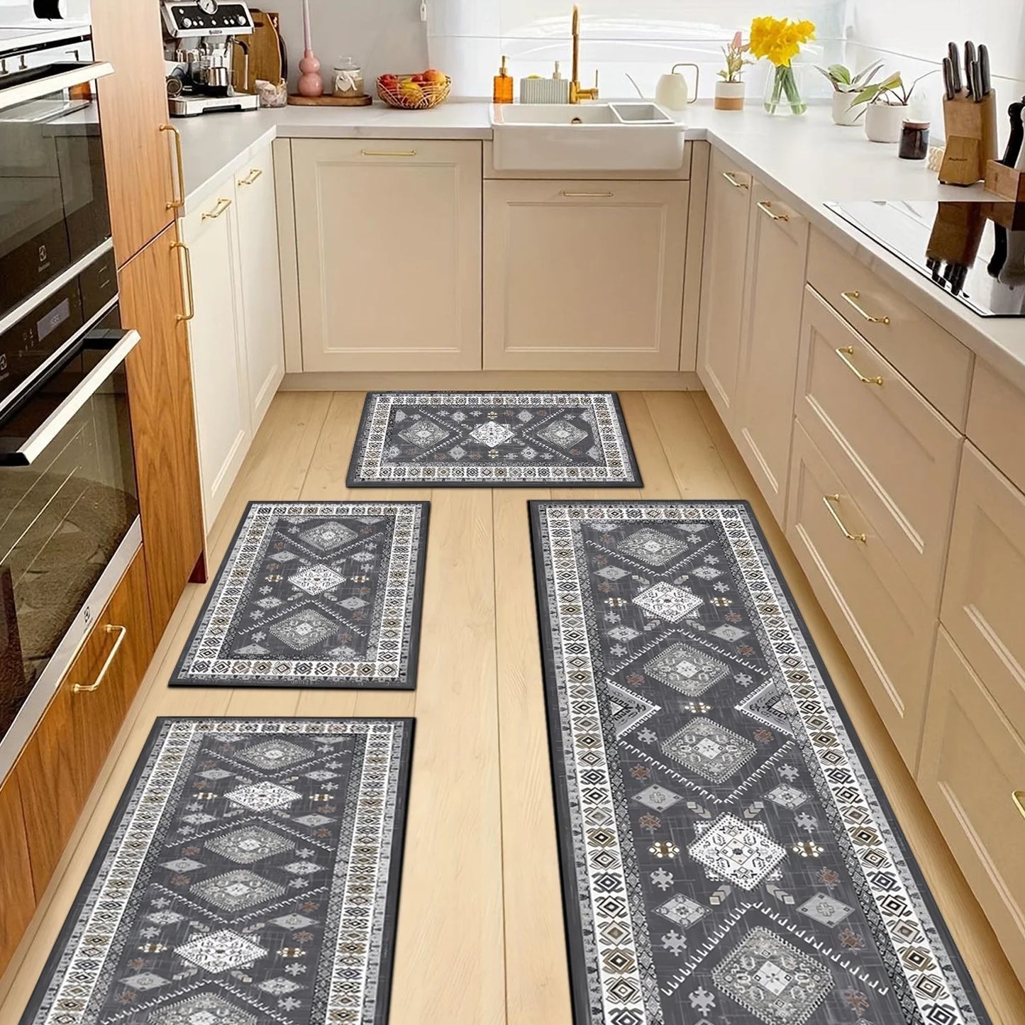 TECHVIDA Kitchen Rugs Sets of 4, Kitchen Floor Mat Carpet, Washable Non Slip Kitchen Runner Rug, Boho Farmhouse Hallway Doormat for Home Decor