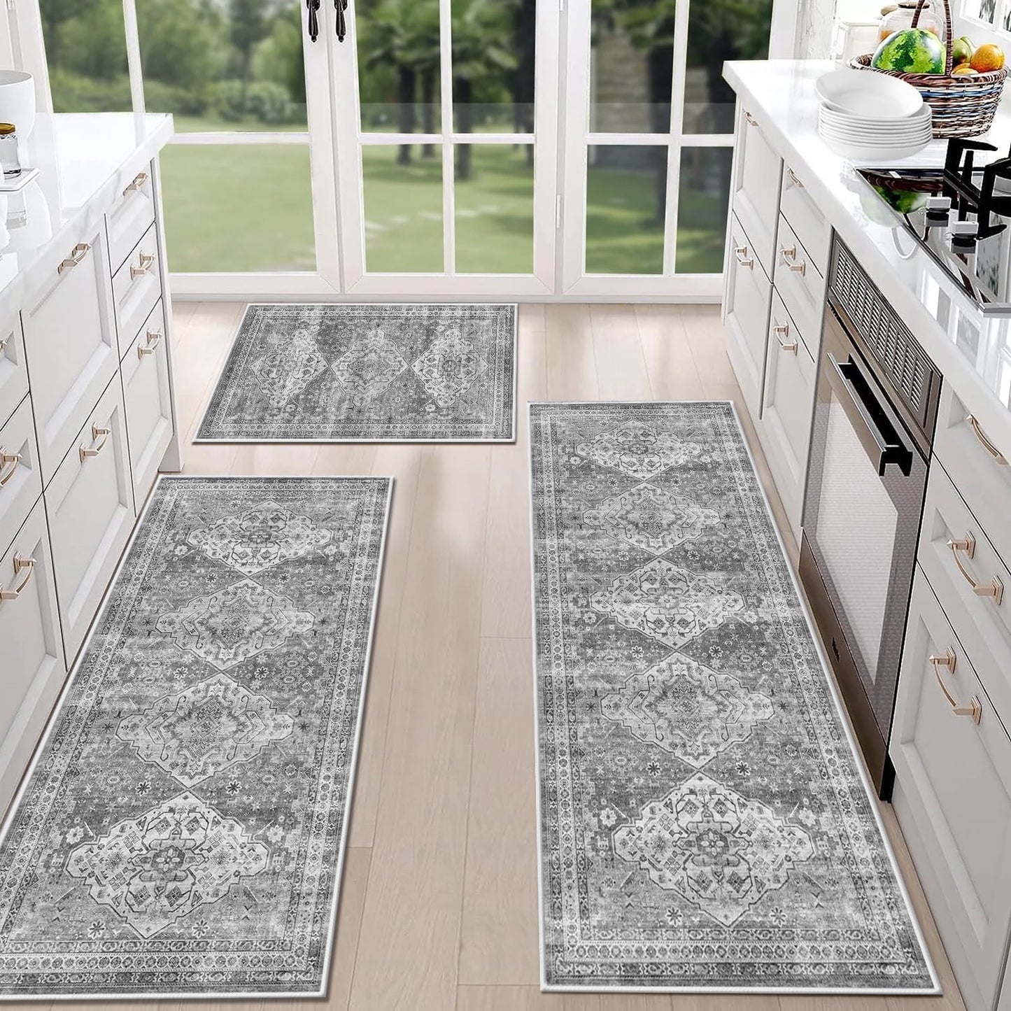 TECHVIDA Kitchen Rugs 3 Piece Set,Non Slip Machine Washable Kitchen Mats,Boho Vintage Abstract Kitchen Carpet for Farmhouse Living Room Hallway
