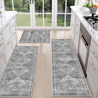 TECHVIDA Kitchen Rugs 3 Piece Set,Non Slip Machine Washable Kitchen Mats,Boho Vintage Abstract Kitchen Carpet for Farmhouse Living Room Hallway