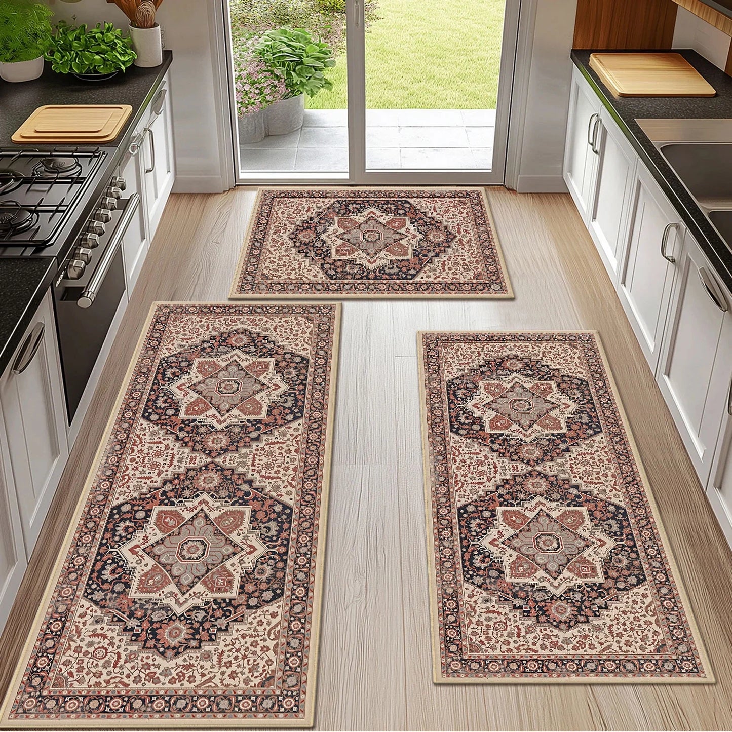 TECHVIDA Kitchen Rugs 3 Piece Set,Non Slip Machine Washable Kitchen Mats,Boho Vintage Abstract Kitchen Carpet for Farmhouse Living Room Hallway