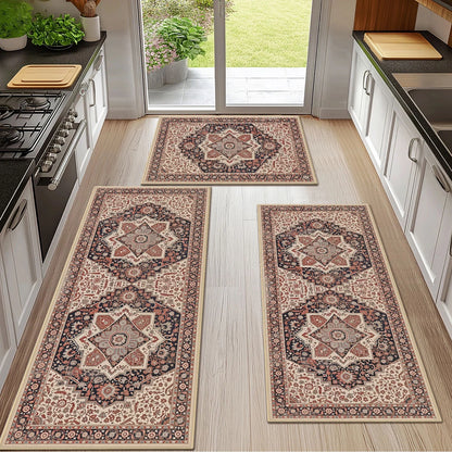 TECHVIDA Kitchen Rugs 3 Piece Set,Non Slip Machine Washable Kitchen Mats,Boho Vintage Abstract Kitchen Carpet for Farmhouse Living Room Hallway