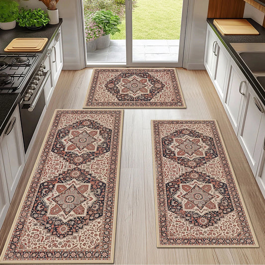 TECHVIDA Kitchen Rugs 3 Piece Set,Non Slip Machine Washable Kitchen Mats,Boho Vintage Abstract Kitchen Carpet for Farmhouse Living Room Hallway