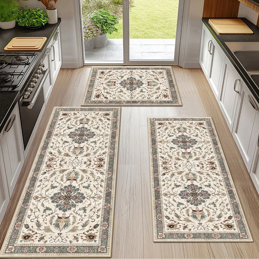 TECHVIDA Kitchen Rugs 3 Piece Set,Non Slip Machine Washable Kitchen Mats,Boho Vintage Abstract Kitchen Carpet for Farmhouse Living Room Hallway