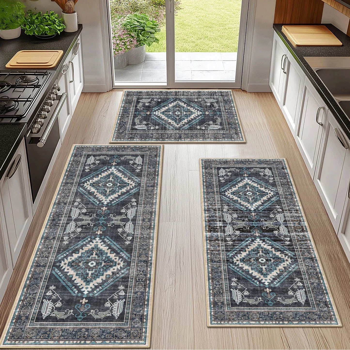 TECHVIDA Kitchen Rugs 3 Piece Set,Non Slip Machine Washable Kitchen Mats,Boho Vintage Abstract Kitchen Carpet for Farmhouse Living Room Hallway