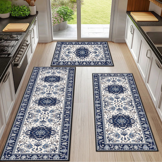 TECHVIDA Kitchen Rugs 3 Piece Set,Non Slip Machine Washable Kitchen Mats,Boho Vintage Abstract Kitchen Carpet for Farmhouse Living Room Hallway