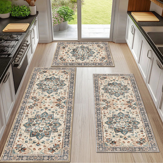 TECHVIDA Kitchen Rugs 3 Piece Set,Non Slip Machine Washable Kitchen Mats,Boho Vintage Abstract Kitchen Carpet for Farmhouse Living Room Hallway