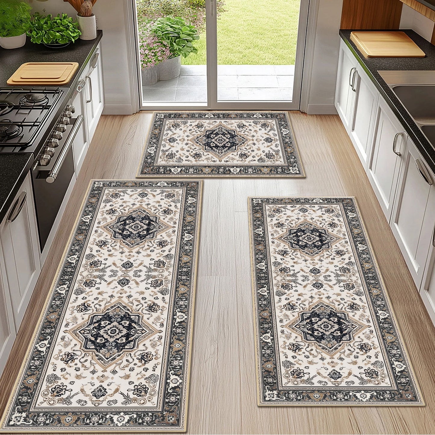 TECHVIDA Kitchen Rugs 3 Piece Set,Non Slip Machine Washable Kitchen Mats,Boho Vintage Abstract Kitchen Carpet for Farmhouse Living Room Hallway