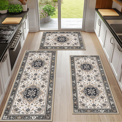 TECHVIDA Kitchen Rugs 3 Piece Set,Non Slip Machine Washable Kitchen Mats,Boho Vintage Abstract Kitchen Carpet for Farmhouse Living Room Hallway