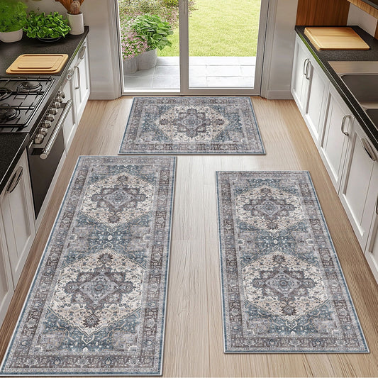 TECHVIDA Kitchen Rugs 3 Piece Set,Non Slip Machine Washable Kitchen Mats,Boho Vintage Abstract Kitchen Carpet for Farmhouse Living Room Hallway