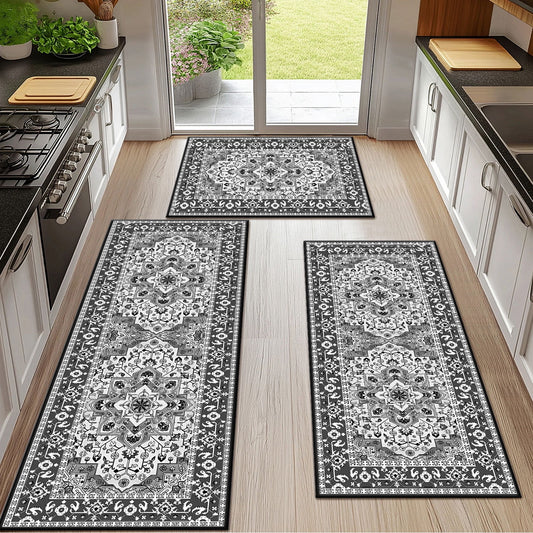 TECHVIDA Kitchen Rugs 3 Piece Set,Non Slip Machine Washable Kitchen Mats,Boho Vintage Abstract Kitchen Carpet for Farmhouse Living Room Hallway
