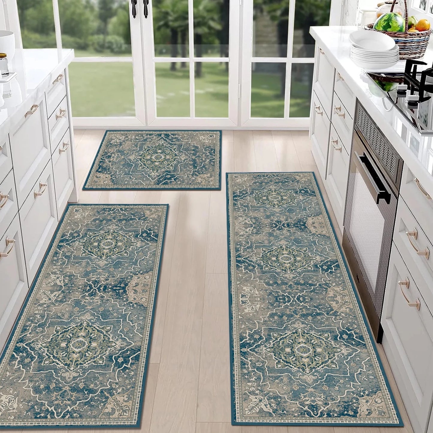 TECHVIDA Kitchen Rugs 3 Piece Set,Kitchen Mats for Floor Non-Slip Machine Washable, Boho Farmhouse Hallway Doormat for Holiday