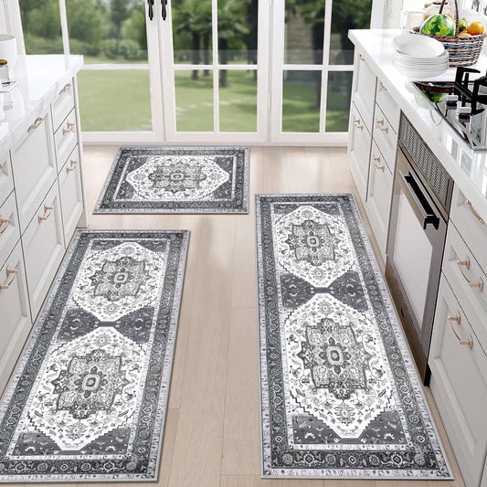 TECHVIDA Kitchen Rugs 3 Piece Set,Kitchen Mats for Floor Non-Slip Machine Washable, Boho Farmhouse Hallway Doormat for Holiday