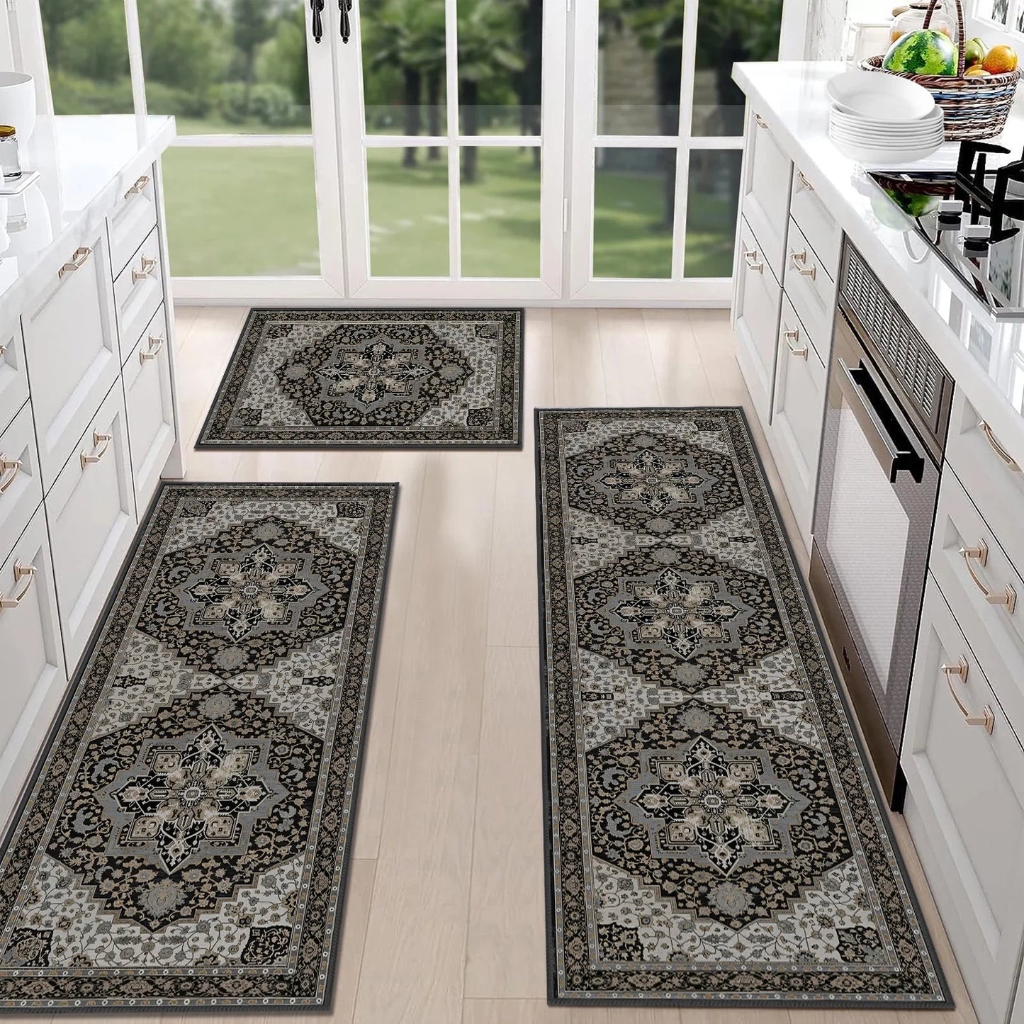 TECHVIDA Kitchen Rugs 3 Piece Set,Kitchen Mats for Floor Non-Slip Machine Washable, Boho Farmhouse Hallway Doormat for Holiday