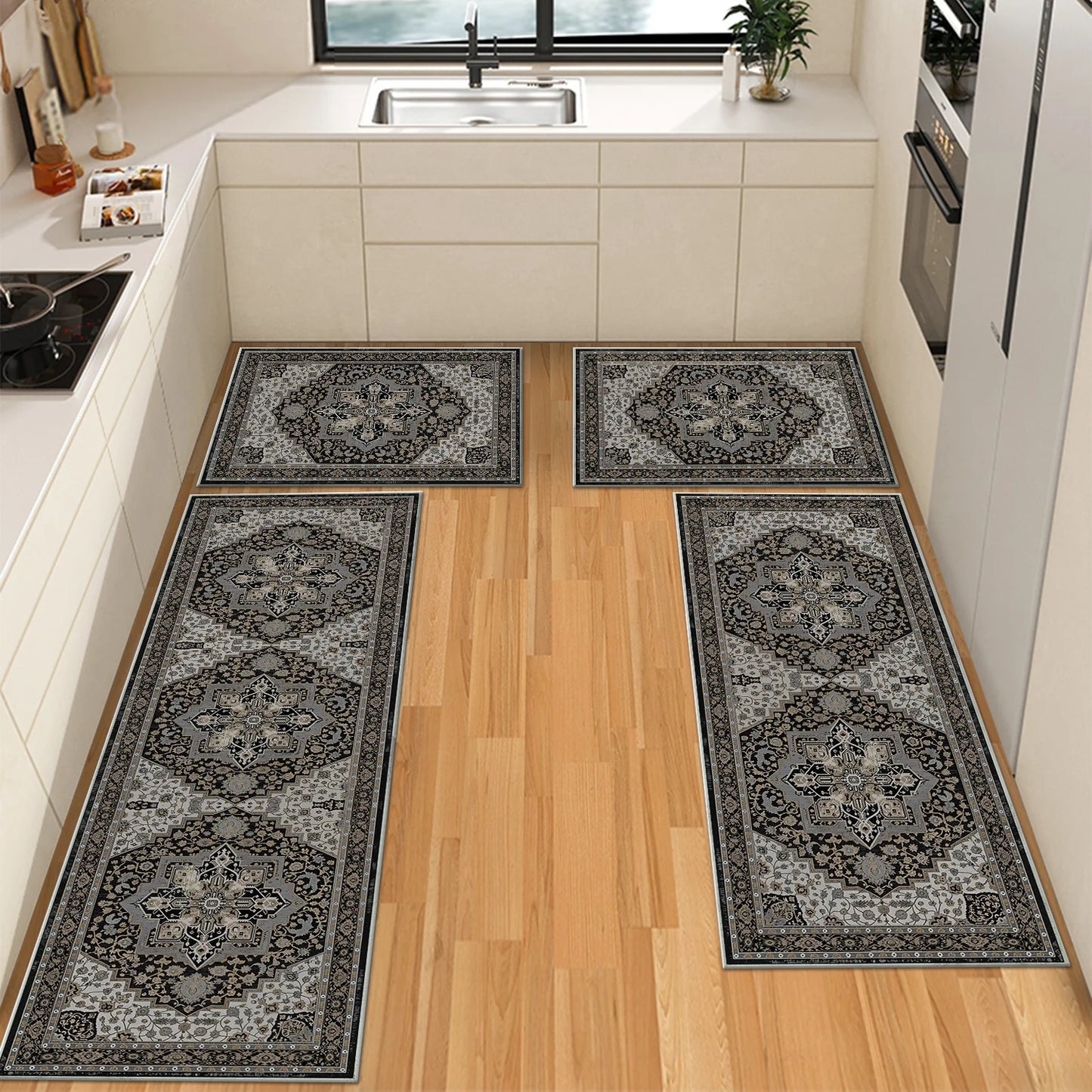 TECHVIDA Kitchen Rugs 4 Piece Set,Non Slip Machine Washable Kitchen Mats,Boho Vintage Abstract Kitchen Carpet for Farmhouse Living Room Hallway