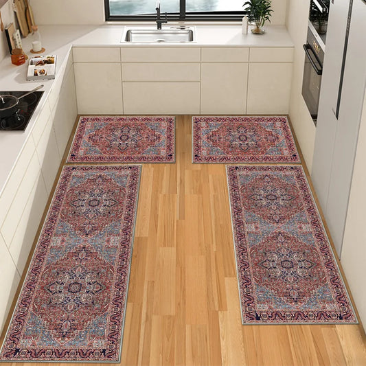 TECHVIDA Kitchen Rugs 4 Piece Set,Boho kitchen mats for floor, Non-Slip Machine Washable Rugs,Vintage Kitchen Mat for Hallway Laundry Room Sink