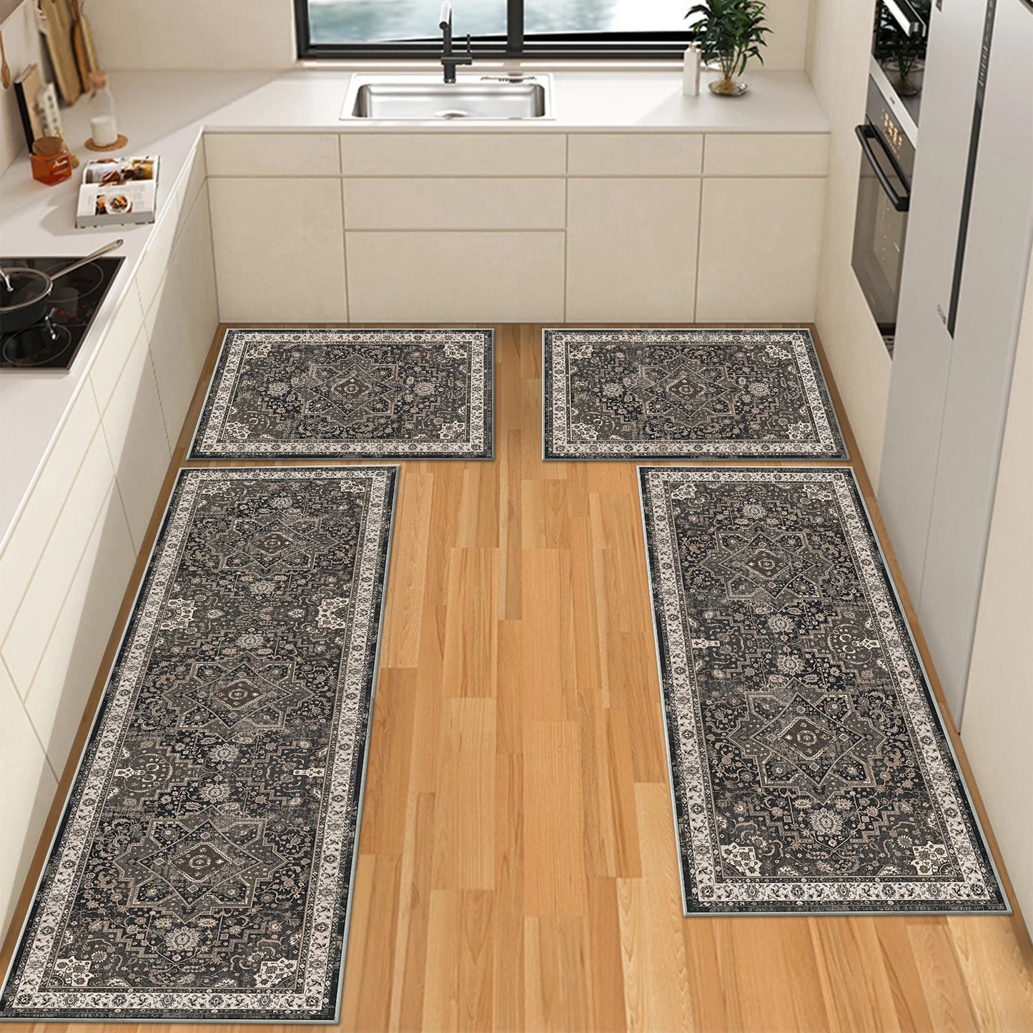 TECHVIDA Kitchen Rugs 4 Piece Set,Non Slip Machine Washable Kitchen Mats,Boho Vintage Abstract Kitchen Carpet for Farmhouse Living Room Hallway