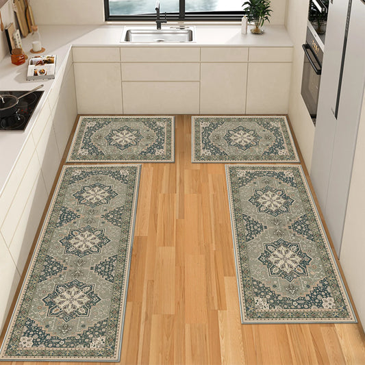 TECHVIDA Kitchen Rugs 4 Piece Set,Non Slip Machine Washable Kitchen Mats,Boho Vintage Abstract Kitchen Carpet for Farmhouse Living Room Hallway