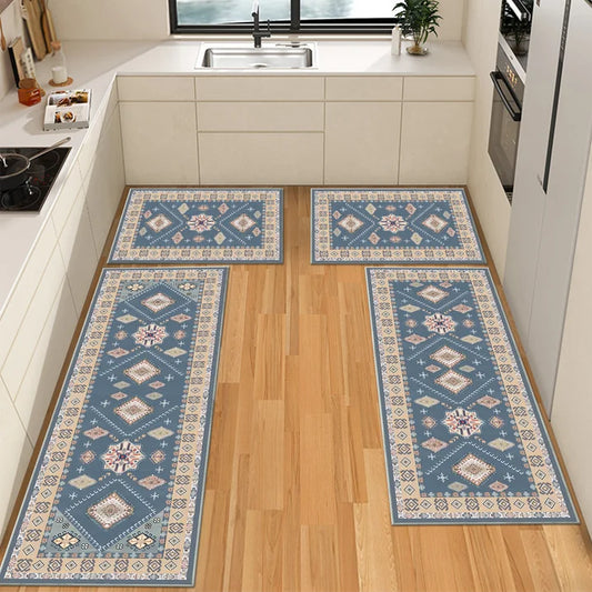 TECHVIDA Kitchen Rugs 4 Piece Set,Non Slip Machine Washable Kitchen Mats,Boho Vintage Abstract Kitchen Carpet for Farmhouse Living Room Hallway