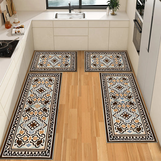 TECHVIDA Kitchen Rugs 4 Piece Set,Non Slip Machine Washable Kitchen Mats,Boho Vintage Abstract Kitchen Carpet for Farmhouse Living Room Hallway