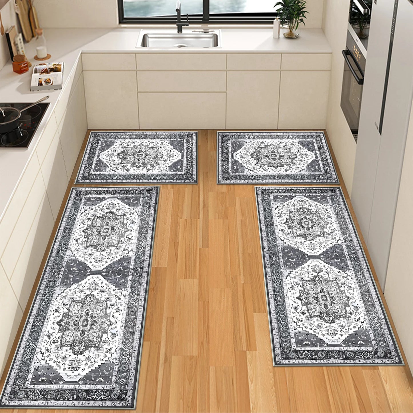 TECHVIDA Kitchen Rugs 4 Piece Set,Non Slip Machine Washable Kitchen Mats,Boho Vintage Abstract Kitchen Carpet for Farmhouse Living Room Hallway