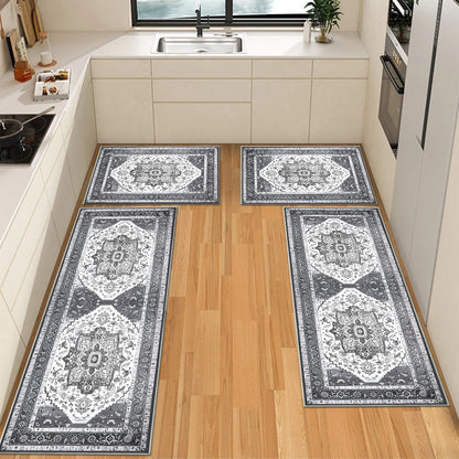 TECHVIDA Kitchen Rugs 4 Piece Set,Non Slip Machine Washable Kitchen Mats,Boho Vintage Abstract Kitchen Carpet for Farmhouse Living Room Hallway