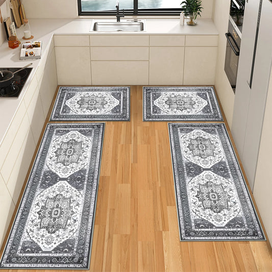 TECHVIDA Kitchen Rugs 4 Piece Set,Non Slip Machine Washable Kitchen Mats,Boho Vintage Abstract Kitchen Carpet for Farmhouse Living Room Hallway