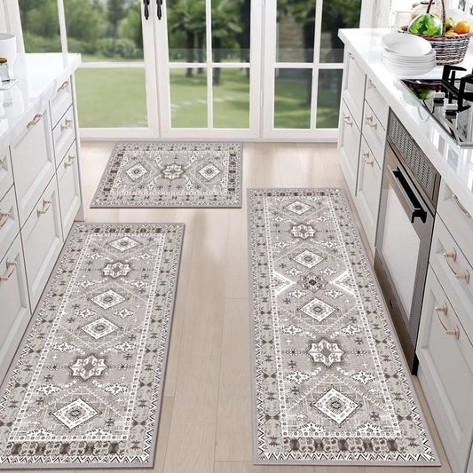 TECHVIDA Kitchen Rugs 3 Piece Set,Kitchen Mats for Floor,Non-Slip Machine Washable, Boho Farmhouse Hallway Doormat for Holiday