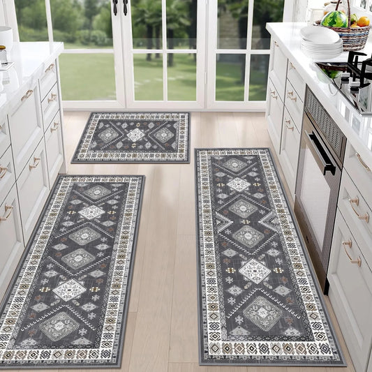 TECHVIDA Kitchen Rug Set 3 Piece,Non Slip Machine Washable Kitchen Mats,Farmhouse Hallway Doormat for Home Floor and Living Room,Gray