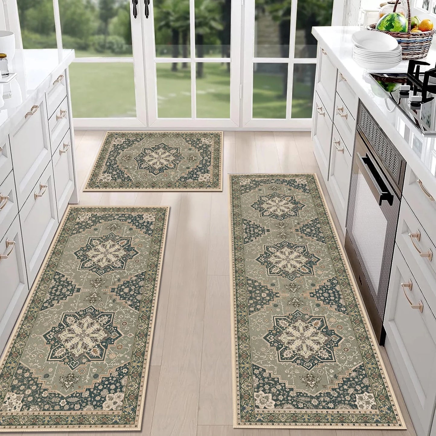 TECHVIDA Kitchen Rugs 3 Piece,Kitchen Mats for Floor, Non-Slip Machine Washable Rugs, Boho Farmhouse Hallway Doormat for Holiday