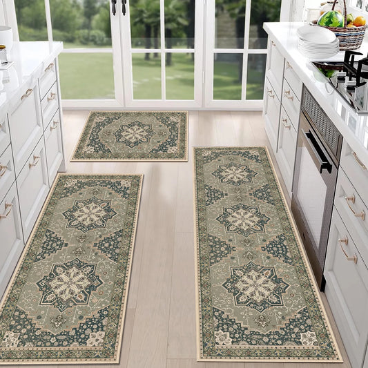 TECHVIDA Kitchen Rugs 3 Piece,Kitchen Mats for Floor, Non-Slip Machine Washable Rugs, Boho Farmhouse Hallway Doormat for Holiday