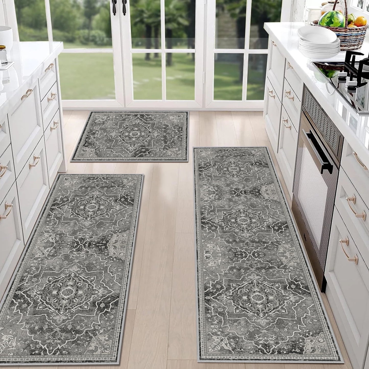 TECHVIDA Kitchen Rugs 3 Piece Set,Kitchen Mats for Floor,Non-Slip Machine Washable, Boho Farmhouse Hallway Doormat for Holiday