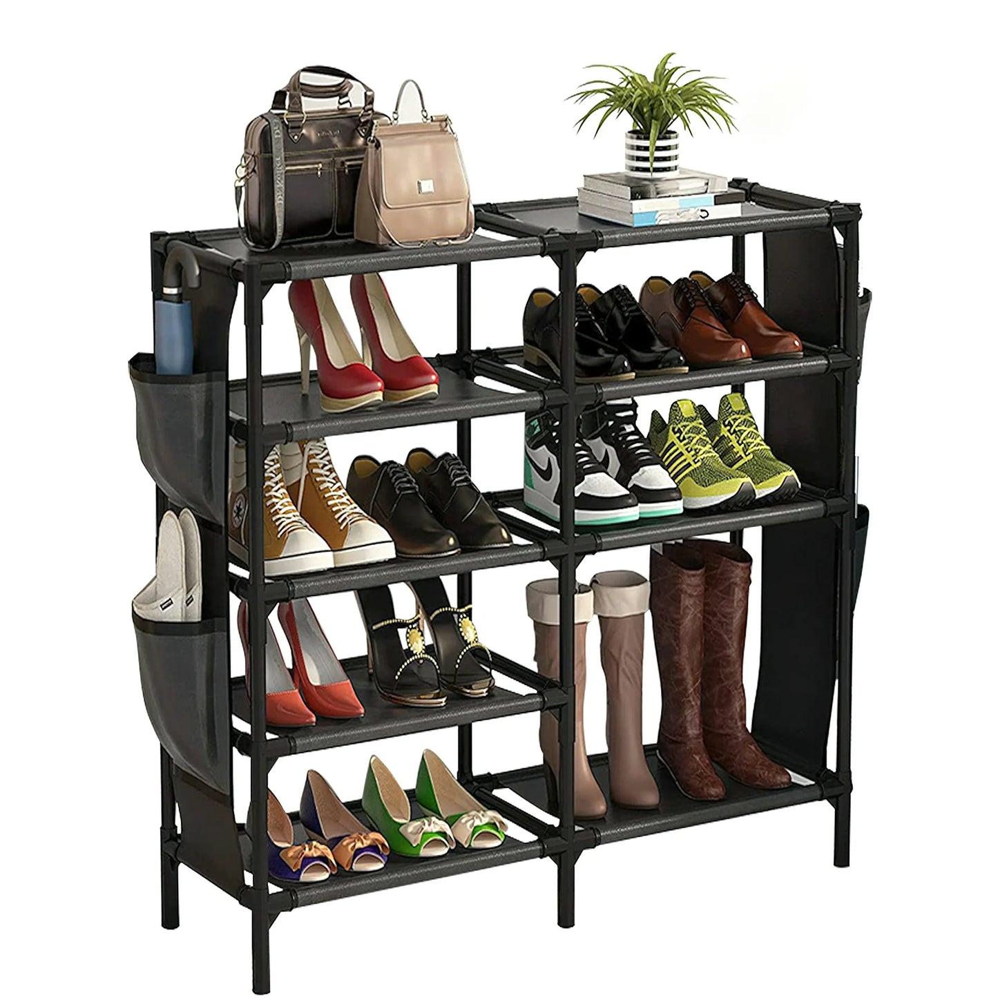 TECHVIDA Shoe Rack with Pockets, 5-Tier Shoe Boots Organizer Freestanding Shoe Shelf for Entryway Bedroom,Clearance