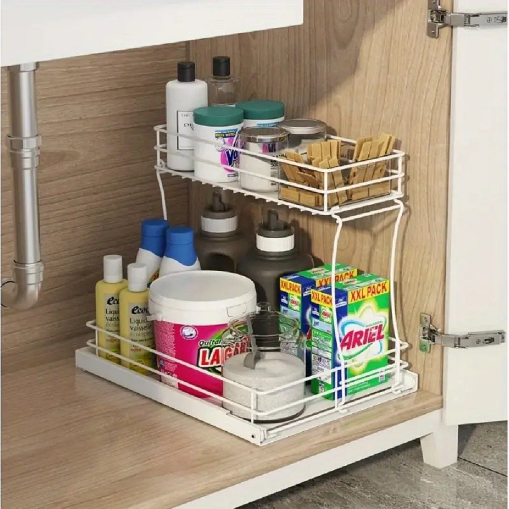 TECHVIDA Sink Organizer Storage, 2 Tier L-Shape Multi-Purpose Large Capacity Kitchen Under Sink Organizers Rack for Narrow Space Easy Access Sliding Storage Drawer with Hooks for Bathroom