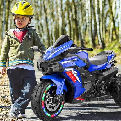 Techvida 12V Kids Motorcycle, Battery Powered Electric Vehicle with 3 Wheels, LED Lights, Foot Pedal, Ride On Motorcycle for Boys Girls (Blue)